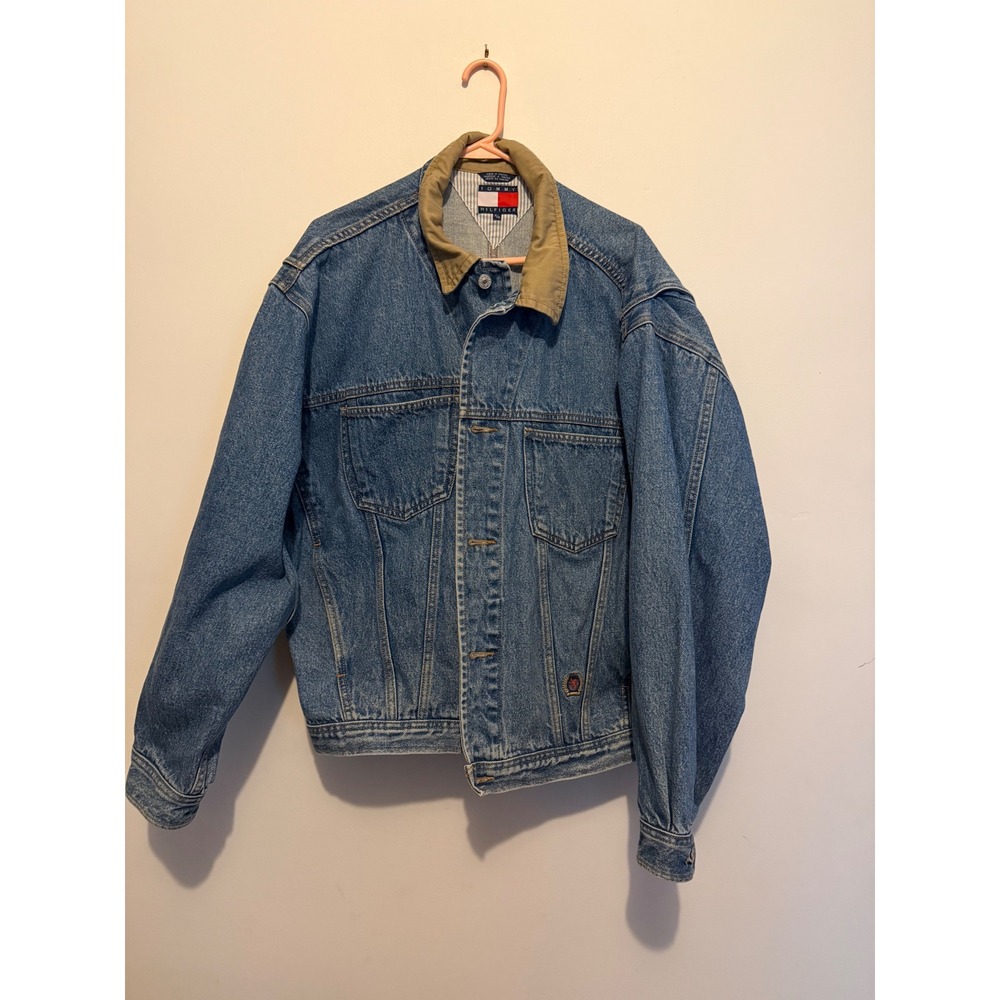 Tommy Hilfiger Vtg y2k Denim Jacket XL Medium Wash twill Collar 90s Trucker